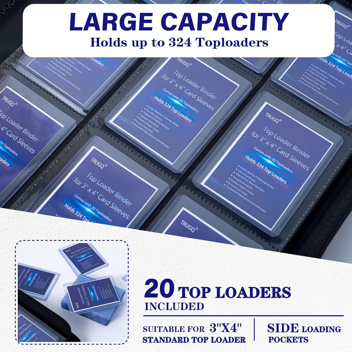 Skiennix Toploader Binder 2-Pack - Waterproof PU Leather with 40 Bonus Card Sleeves | Black & Blue, Anti-Yellowing Inserts