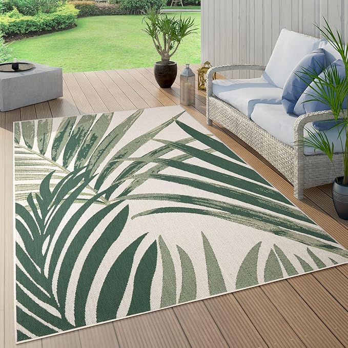 Tropical Outdoor Rug Palm Tree & Jungle Design Flatweave in Green Beige, Size: 2' x 3'3"