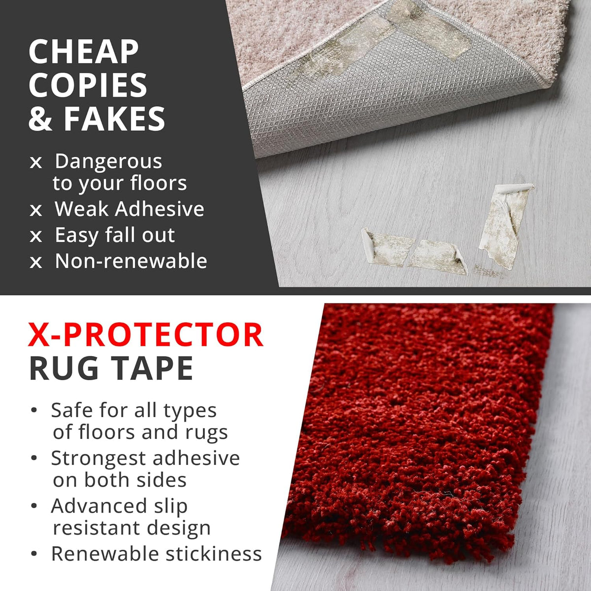 X-Protector Rug Tape - 12 Pcs Set - White Anti-Slip & Anti-Curling Carpet Tape for Hard Floors - Premium Rug Pad Gripper - Ideal Carpet Corner Grippers to Keep Your Carpet in Place & Make Corners Flat