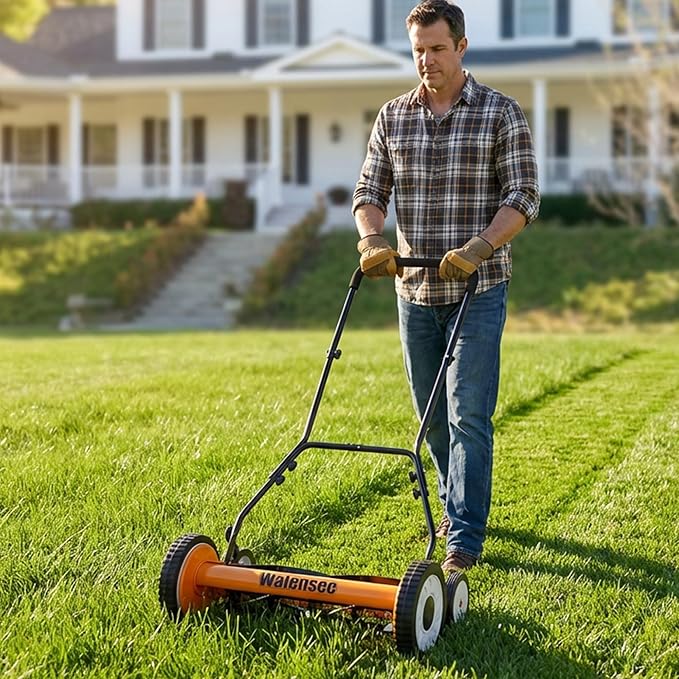 Walensee Push Reel Lawn Mower, 20-Inch 5-Blade Cordless Manual Reel Lawn Mower, Walk-Behind Steel Lawn Mower with 9-Position Cutting Height Adjustment & Sponge Grip