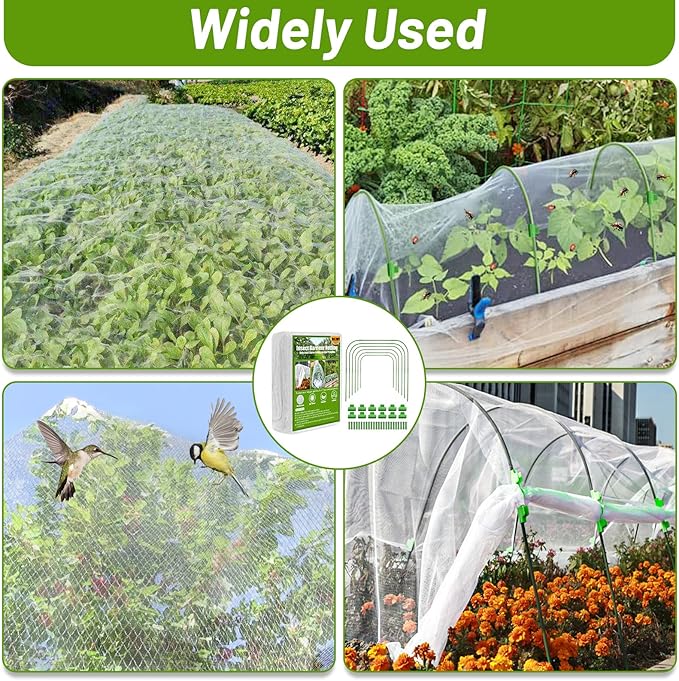 Cludoo 67pcs Garden Mesh Netting Kit,6 Sets Wide Garden Hoops with 10x20 ft Garden Covers Bird Netting& 12 Clips, Garden Protection for Raised Beds Greenhouse Vegetable Plants Flowers Animals
