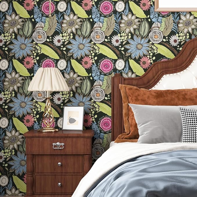Dark Green Wallpaper Peel and Stick, Boho Vintage Floral Contact Paper