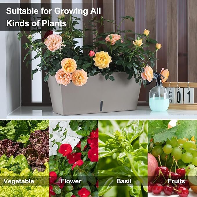 Oliz Window Box Planter 6 Pcs, 12.6 Inches Self Watering Rectangle Flower Plant Pots with Drainage Holes & Breathable Trays, Vegetable Planters for Windowsill Patio Garden Balcony Porch Yard (Khaki)