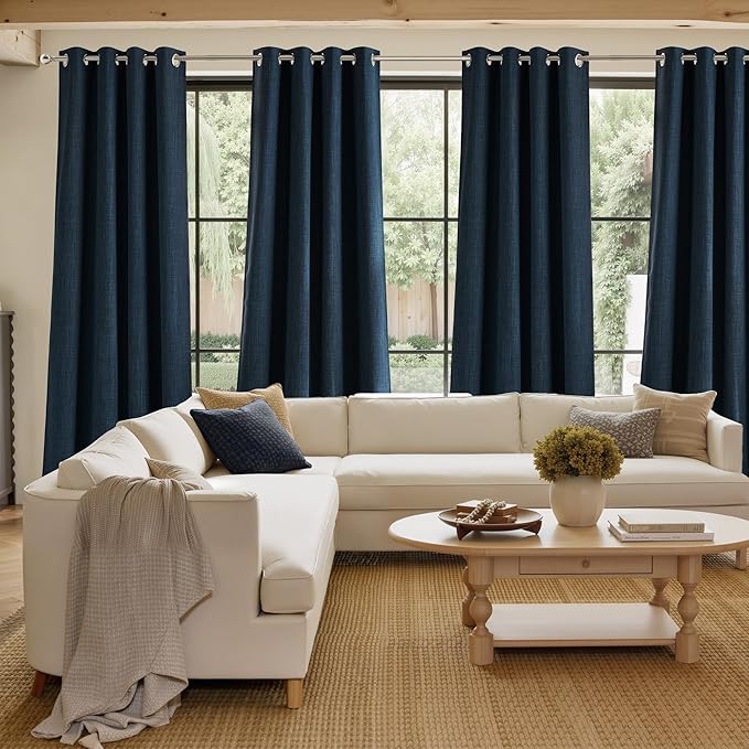 NICETOWN Short Faux Linen Navy Blue Blackout Curtains 63 inches Long