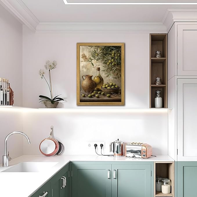 Wood Framed Olive Kitchen Wall Art, Vintage Rustic Still Life Canvas Print