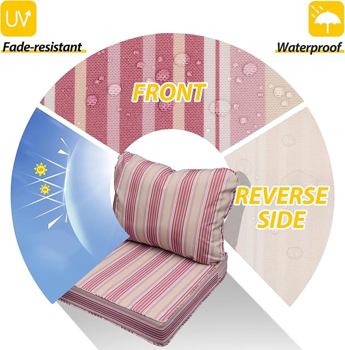 AAAAAcessories Outdoor Seat Cushions for Chairs, Fade-Resistant, Waterproof Patio Furniture Replacement Cushions, 22" x 24" x 5" + 22" x 19", Dusty Rose Garden Stripe