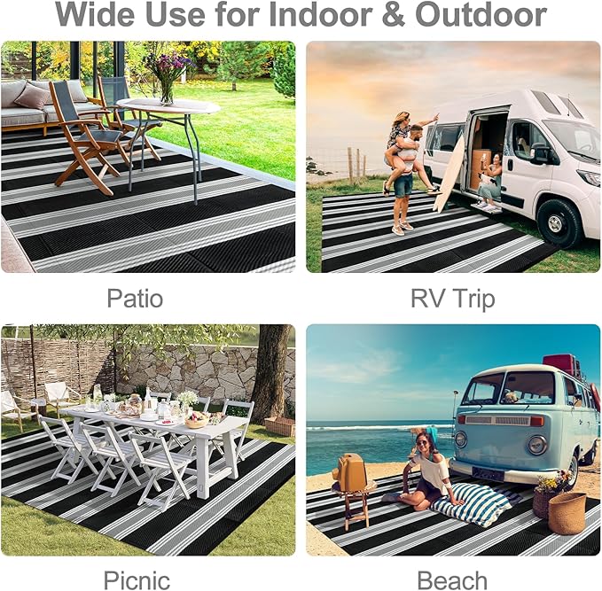 Lahome Striped Outdoor Rug 8x10 Patio Waterproof, Reversible Outdoor Plastic Straw Rug for Camping, RV Patio Rugs Outside Large Carpet for Porch Deck Backyard Picnic(Black/Grey,8'x 10')