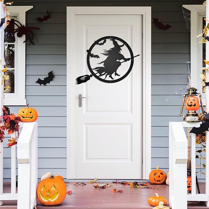 RealSteel Witch Halloween Decoration - Metal Broom Riding Décor - Scary Indoor Outdoor Wall Sign for Haunted Houses - Wicked Witch Flying Porch Art - Flying Bats Front Door Art (18, Black)