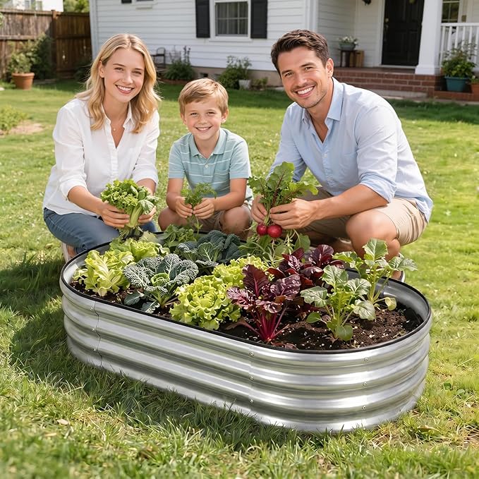 1MORE Galvanized Raised Garden Bed- Planter Garden Boxes Outdoor, Raised Beds for Gardening, 4x2x1ft Metal Garden Bed Kit for Vegetables Flower, Planter Raised Bed with Protective Tape & Tools.Silver