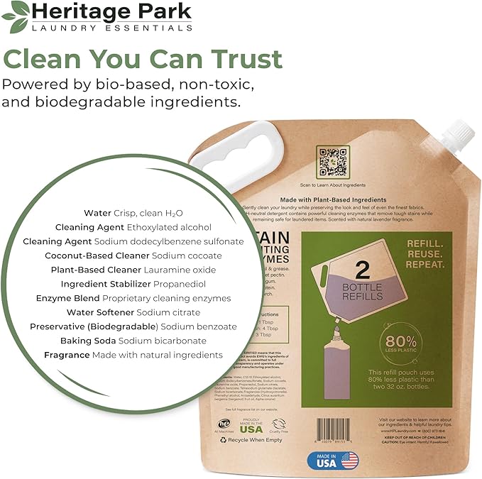 Heritage Park Luxury Laundry Detergent | Dermatologist Tested Plant based Natural & Enzyme Laundry Detergent | Sensitive Skin Friendly - Lavender Mist (64 fl oz Refill)
