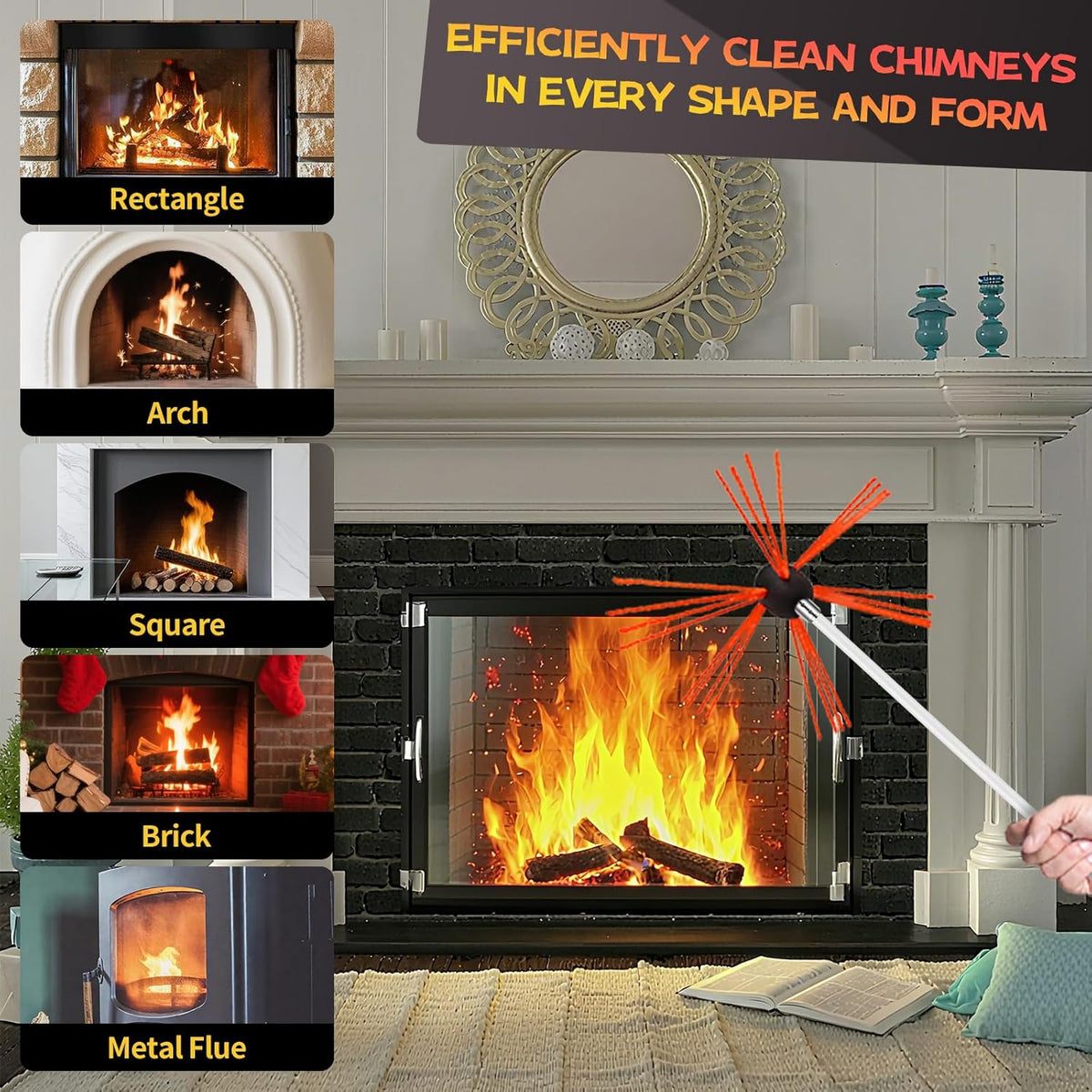 16 Feet Chimney Sweep Kit, Chimney Cleaning Kit with 5 Flexible Chimney Rods, Rotary Chimney Cleaning System Driven by Drill for Sweeping Fireplace, Chimney Cleaners with Strong Brush
