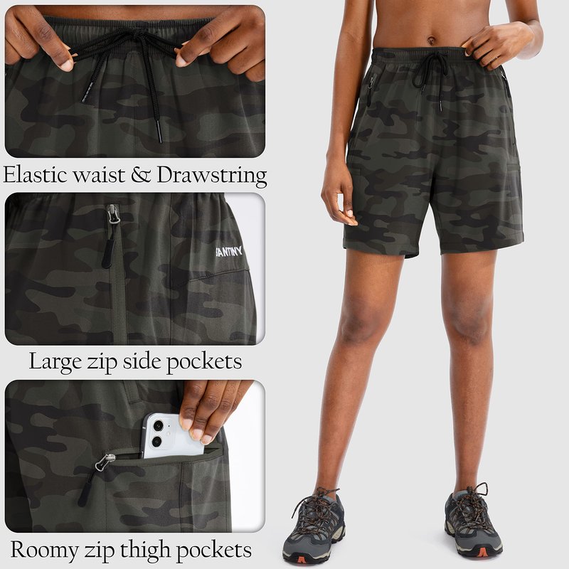 SANTINY Women's 5''/ 7''/9'' Hiking Cargo Shorts Quick Dry Lightweight Summer Shorts for Women Athletic Golf Zipper Pockets(Green Camo_XL)