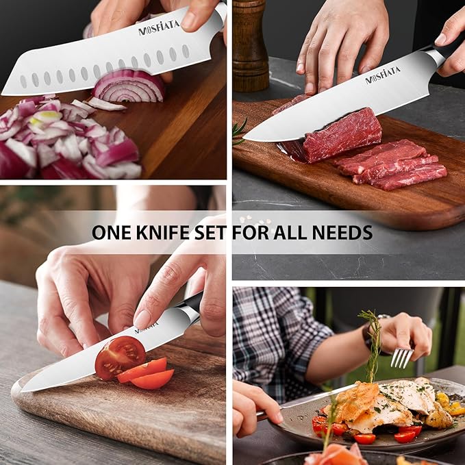 MOSFiATA Kitchen knives set with Carry case Bag,Stainless Steel Chefs Knife Set with Knife Sharpener Rod,Japanese Santoku Knives Set with ABS Handle for Outdoor Travel Camping BBQ