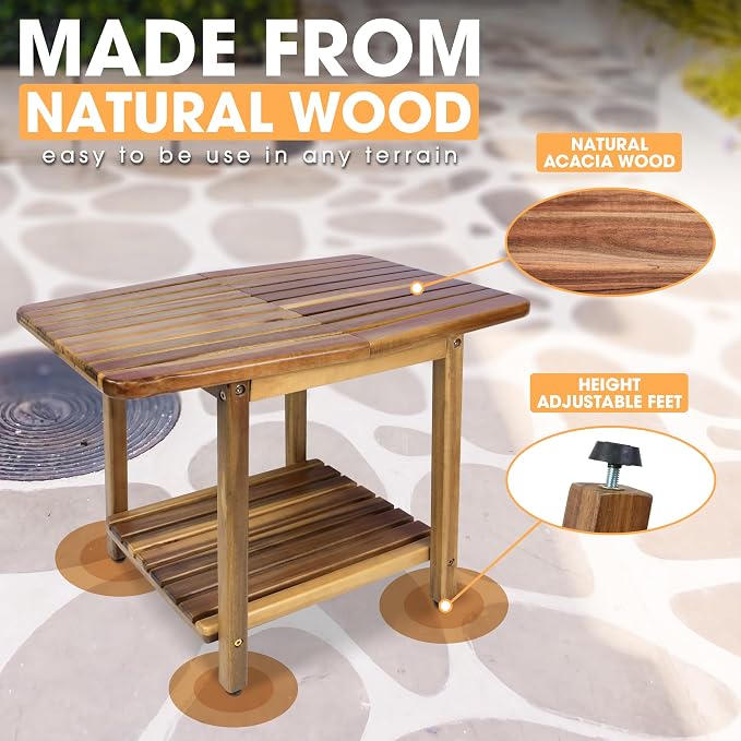 ENKEZI Acacia 24 Inches Outdoor Side Table, 2-Tier Sturdy Patio, End Table Weather Resistant, Strong Stability Side Table for Patio, Pool, Porch, Teak Finish (Modern Brown)
