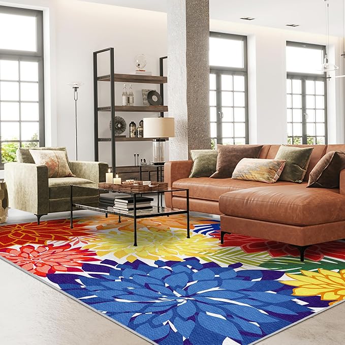 Colorful 4x6 Outdoor Area Rug Washable Rugs Multicolored Patio Rug Tropical Botanical Floral Chenille Outdoor Carpet Non Slip for RV, Pool Deck, Backyard, Porch, Rainbow