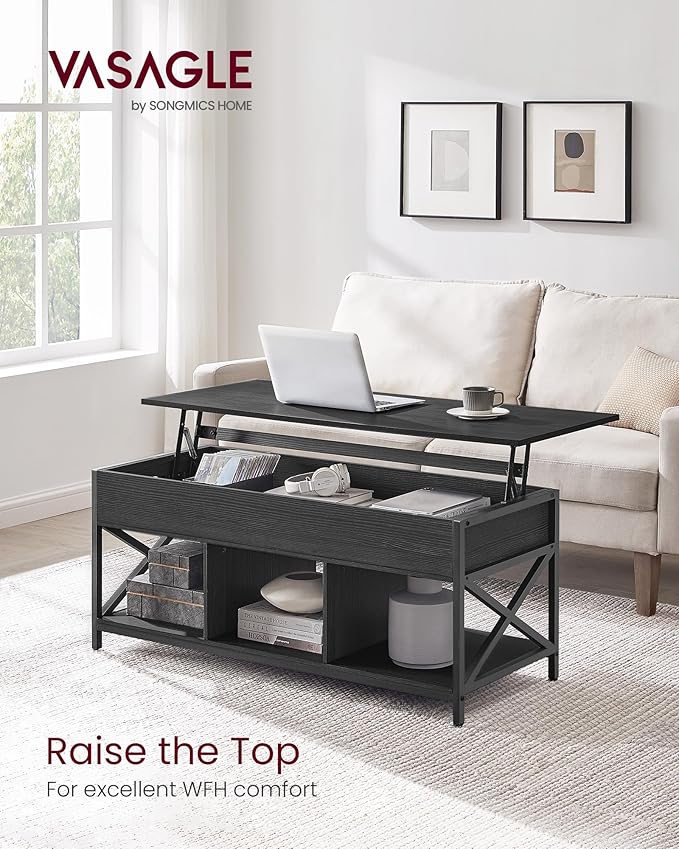 VASAGLE Lift Top Coffee Table, Lift Coffee Table with Storage Shelf, Hidden Compartments and Lifting Top, for Living Room, Office, 19.7 x 47.2 x (19.3-24.4) Inches, Black with Wood Grain ULCT212B22