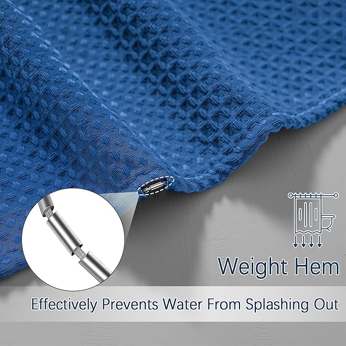 Shower Curtain Classic Blue Waffle Textured, 256GSM Heavy Duty Weighted Fabric Shower Curtains, Hotel Quality Luxury Polyester Water Repellent Bathroom Curtain with 12 Hooks, 72Wx78H