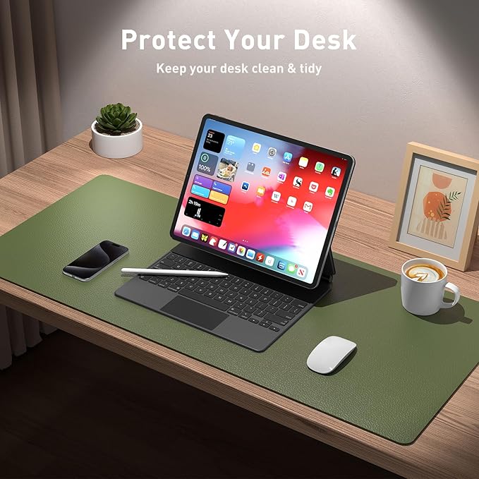 Aothia Desk Protector Mat, Mouse Pad, Non-Slip Waterproof PU Leather Desk Blotter, Laptop, Writing for Office and Home (23.6" x 13.7", Olive Green)