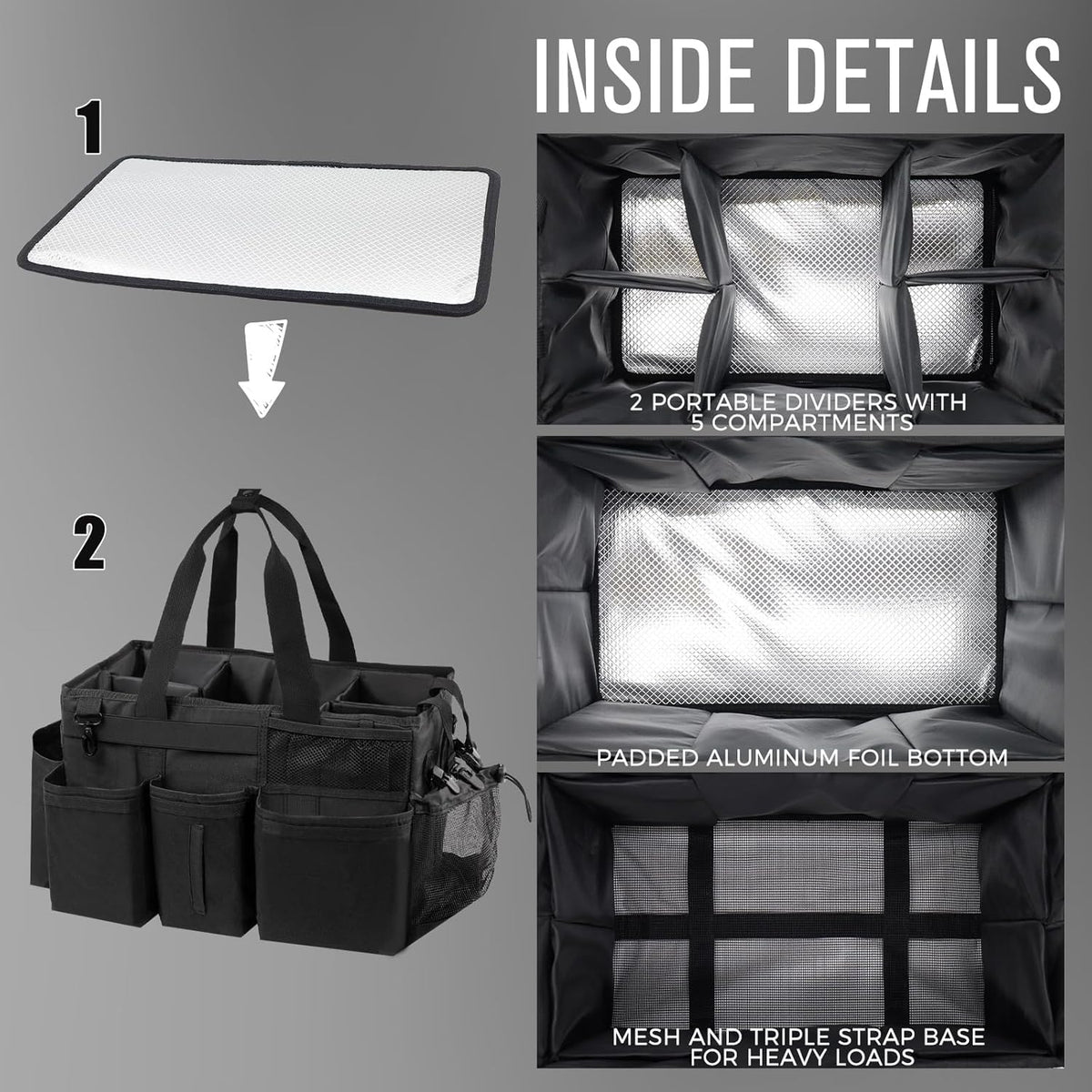 Wearable Cleaning Caddy Organizer with Handle & Shoulder Straps for Housekeepers, Under Sink & Car Cleaning Tool Organizer Bag with 4 Foldable Dividers (Black)