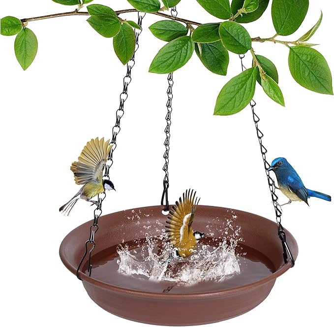 VUWEZ Hanging Bird Bath, Hanging Bird Water Feeder for Outdoors, Feeder Bowl, 1 Pack Birdbath Tray Accessories for Outside, Plastic Birdbaths Tray for Garden Patio Decoration (12", Chocolate)