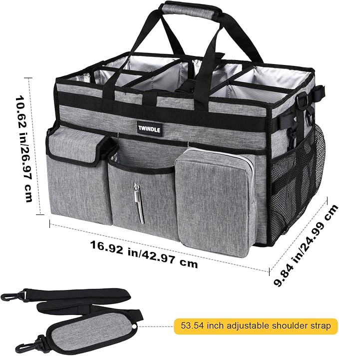 Large Cleaning Caddy Bag with Rigid Support Board, Cleaning Organizer Tote with Detachable Divider, Adjustable Shoulder Strap & Waist Belt, Cleaning Supply Carrier for Cleaners & Housekeepers