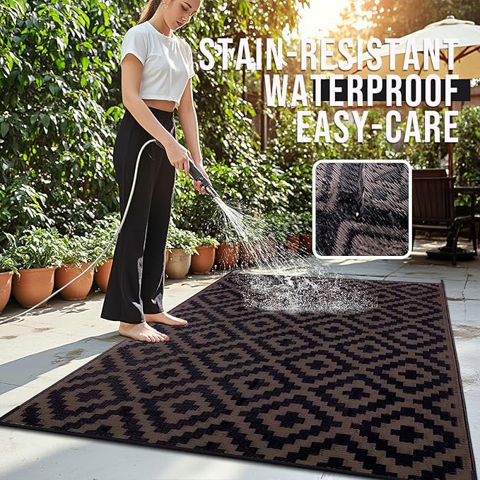 OLANLY Waterproof Outdoor Rug 9x18 ft, Outdoor Plastic Straw Rug for Camping, RV Mat Outside, Outdoor Carpet for Porch, Deck, Backyard, Balcony, Picnic, Black & Brown