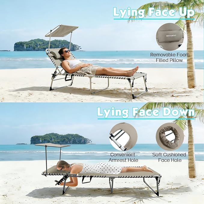Outdoor Tanning Chair with Sun Canopy Shade & Face Hole, Folding Lounge Chair with Beach Table and Carry Bag for Poolside Sunbathing Lawn