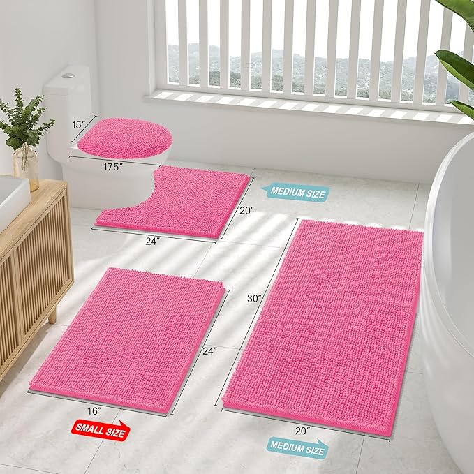 Smiry Luxury Chenille Bathroom Rugs 34x21, Extra Soft and Absorbent Shaggy Bath Mat, Machine Washable, Non-Slip Plush Carpet Runner for Tub, Shower, and Floor, Home Decor Accessories, Hot Pink