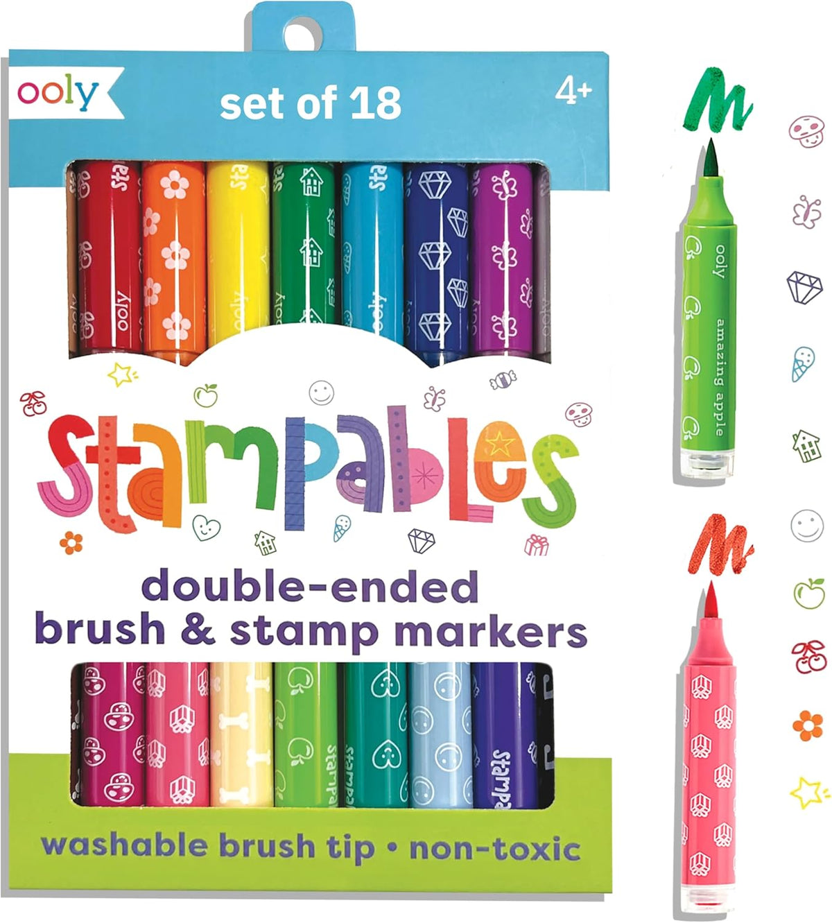 Ooly 18 Double-Sided Stamping Markers - Versatile Brush Tip & Stamp for Creative School Supplies