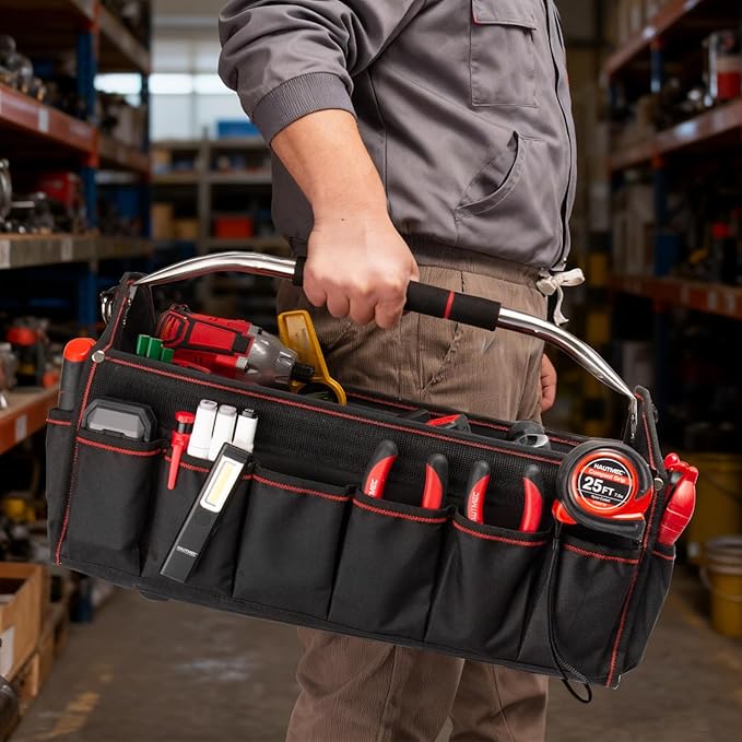 HAUTMEC 18" Foldable Tool Tote, Open Top Tool Bag with Removable Divider & Stiff Frame, 23-Pockets Electrician Tool Bag with Padded Steel Handle, Shoulder Strap & Water-Resistant Hard Base – HT0020