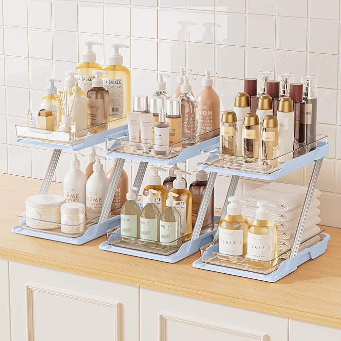 3 Pack Bathroom Organizers and Storage - Multi-Purpose,2-Tier Clear Pull Out Organization for Bathroom,Under Sink,Kitchen,Vanity,Countertop,Cabinet,Pantry & Medicine Cabinet,Blue