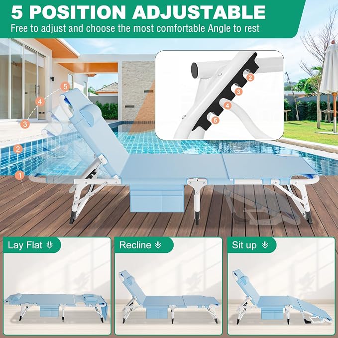 DoCred 3 in 1 Sun Tanning Chair Oversized with Face Arm Hole, Heavy Duty Folding Chaise Lounge Chairs, 5-Position Outdoor Lounge Chair for Beach, Pool, Lawn, Yard, Patio