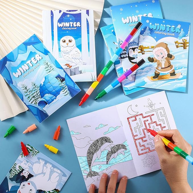 BenLouis 24 Winter Mini Coloring Books Kids with 24 Stacking Crayons Polar Animals Party Favors Activity Books Bulk for Kids Winter Holiday Goodie Bag Gift Stuffer Classroom Reward