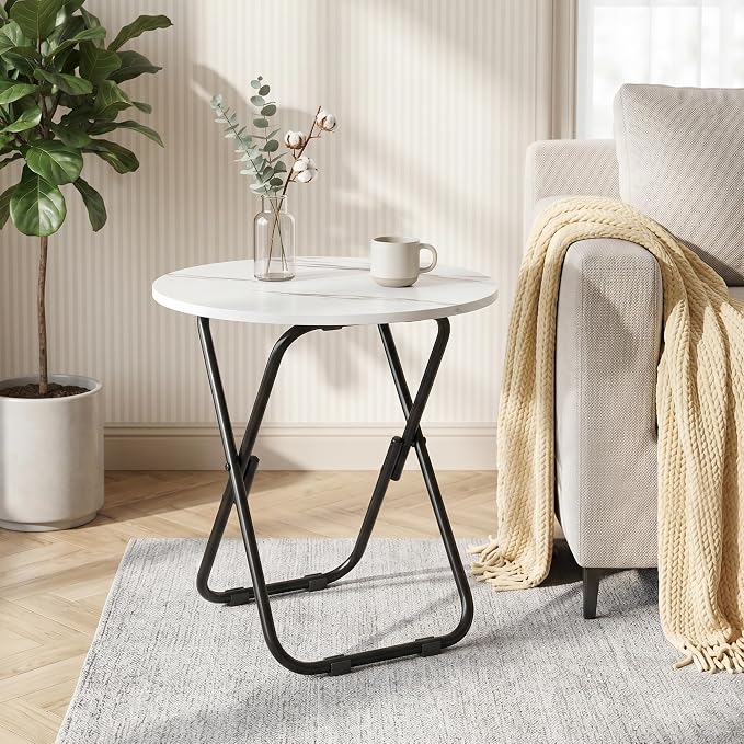 VECELO 17.7" Small Folding Table, Round Patio Outdoor Side Snack Table, Waterproof Wood End Table with Anti-Rust Metal Legs for Living Room Bedroom Garden Yard Balcony Porch