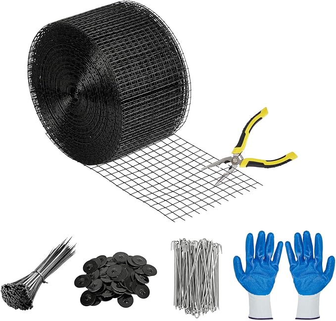 6in x 100ft Solar Panel Bird Guard & Critter Guard Mesh Kit, PVC Coated Wire Mesh Bird Wire with 100 Clips, 100 Cable Ties, Gloves, Pliers, DIY Bird Netting Solar Panel Bird Mesh Barrier
