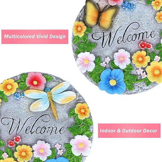 2 Pack Garden Stepping Stones Outdoor 10 Inch Round Cement Stepping Stones with Hand-Painted Flowers, Butterfly & Dragonfly, Decorative Pavers for Outside Walkway Patio Yard