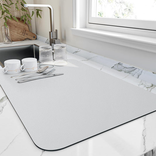 Dish Drying Mat for Kitchen Counter, Heat Resistant Drainer Mats with Non-slip Rubber Backed, Hide Stain Kitchen Super Absorbent Draining Mat, Easy to Clean Dish Rack Pad, Light Grey 16"x18"