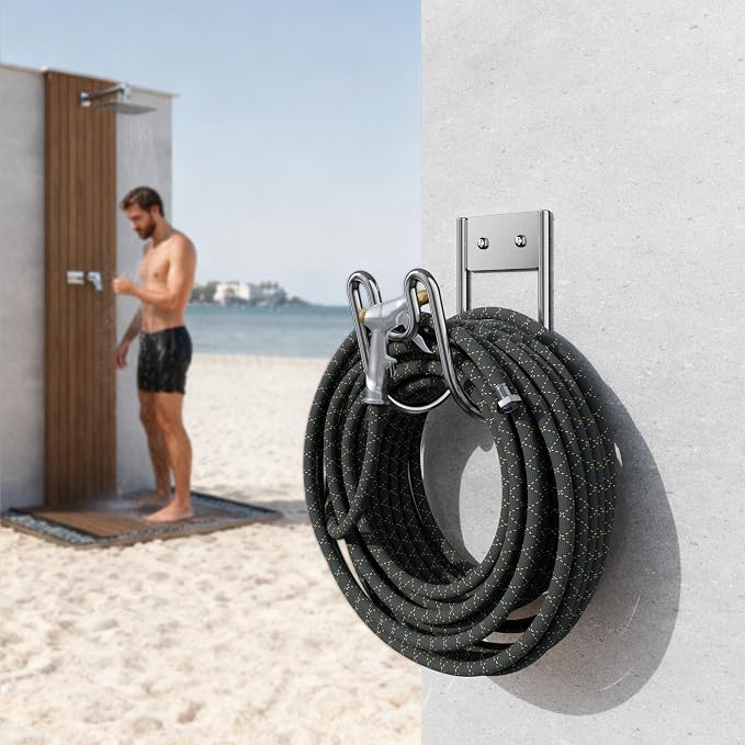 Garden Hose Holder Wall Mount - SS304 Stainless Steel Water Hose Hanger Heavy Duty Rack for Extension Cords Vacuum Hose Outside Silver (2 Pack)
