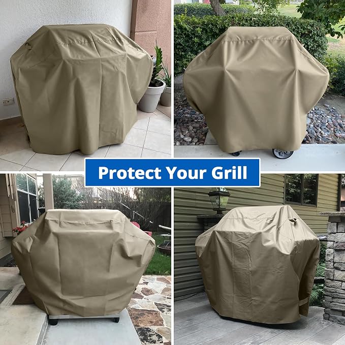 SunPatio Grill Cover 55 Inch for Outdoor Grill, Heavy Duty BBQ Cover with Waterproof Sealed Seam, FadeStop Material, All Weather Resistant Compatible for Weber CharBroil Nexgrill and More, Taupe