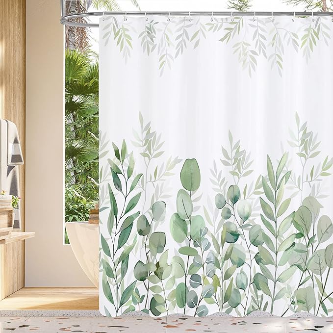 MitoVilla Green Eucalyptus Shower Curtain, Plant Leaves Fabric Cloth Shower Curtains for Rustic Vintage Bathroom Decor, Spring Modern Botanical Shower Curtain Country, 72x72