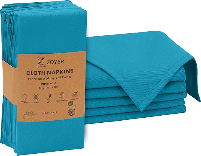Zoyer Cloth Napkins Set of 4, 18x18 Inches Cotton Enrich Napkins Cloth ‎Washable, Soft & Durable Dinner Napkins for Parties, Wedding, Christmas, ‎Thanksgiving & Everyday Use - Teal