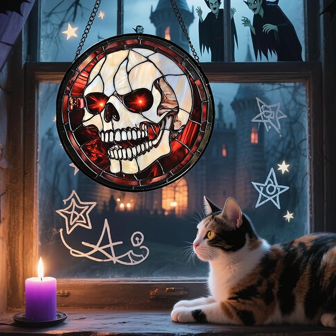 Stained Glass Window Hanging - Halloween Decorations White Skeleton Suncatcher for Doors Garden Indoor Spooky Funny Red Sun Catchers Gothic Decor Horror Gifts for Women Men Friend 7.8 in