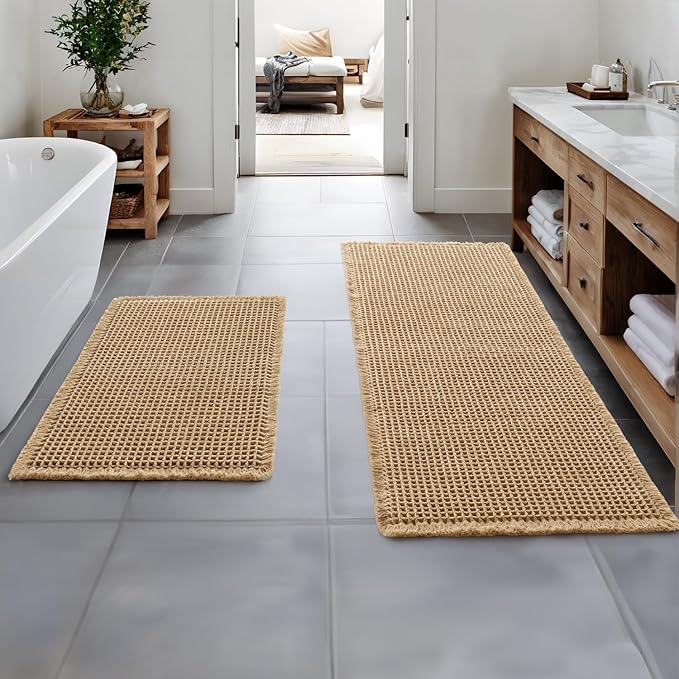MIULEE Set of 2 Waffle Bathroom Rugs, Boho Bath Rugs Non Slip Washable, Super Absorbent Bath Mats, Ultra Soft Rubber Backed Shower Mats for Bathroom Floor, Tub, Brown, 17"x24"+17"x48"