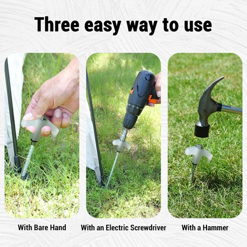 Keovoker 4 Pack Tent Stakes-8” Drill in Heavy Duty Ground Pegs, Screw in Camping Stake with Hex Head Driver, Spikes Puller, Protector in a Carrying Bag, for Hiking, Hammocks, Glow in Dark