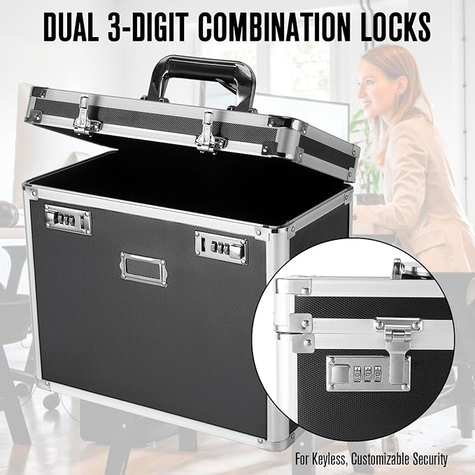 File Organizer Storage Box, Portable Locking Storage Totes - Storage Box with Dual Combination Locks for Filing Office Documents (Black)