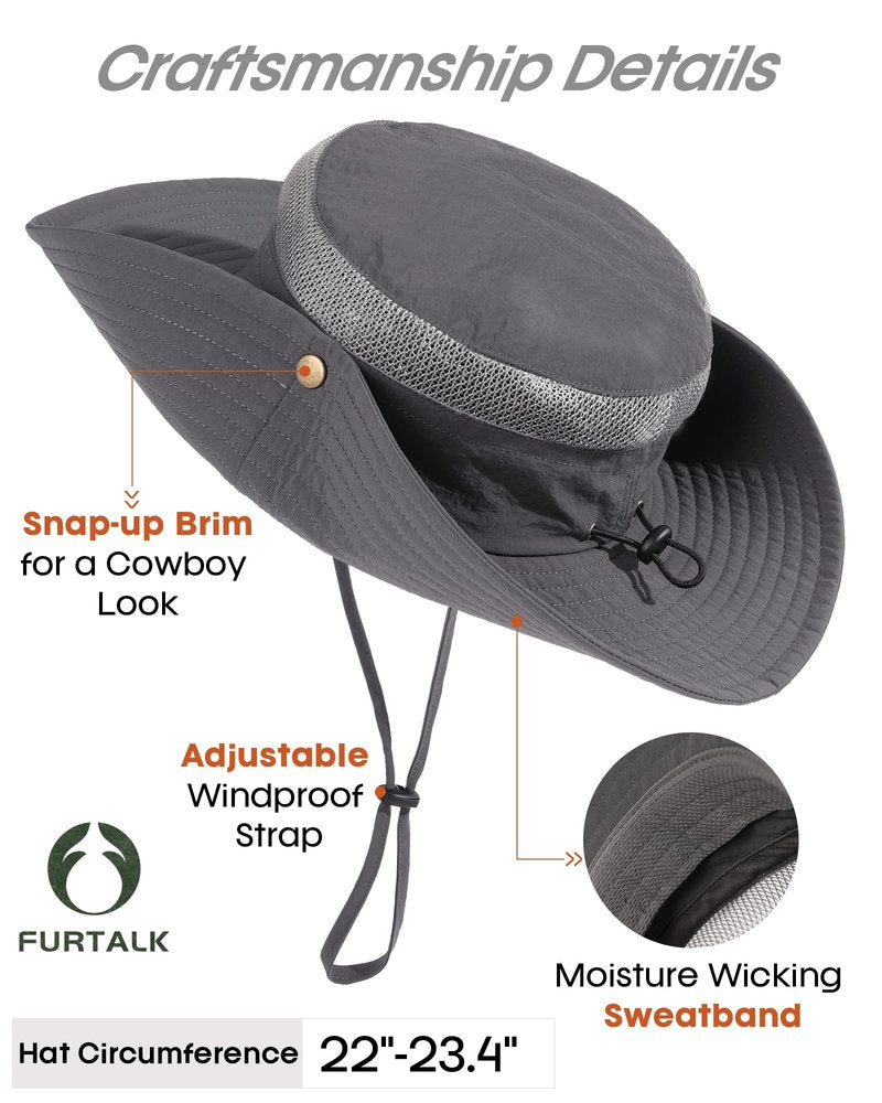 FURTALK Sun Hats for Men Women Fishing Hat UPF 80+ Breathable Wide Brim Hiking Summer UV Protection Bucket Hats Dark Grey