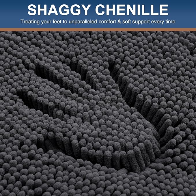 Smiry Luxury Chenille Bathroom Rugs 47x24, Extra Soft and Absorbent Shaggy Bath Mat, Machine Washable, Non-Slip Plush Carpet Runner for Tub, Shower, and Floor, Home Decor Accessories, Charcoal Grey
