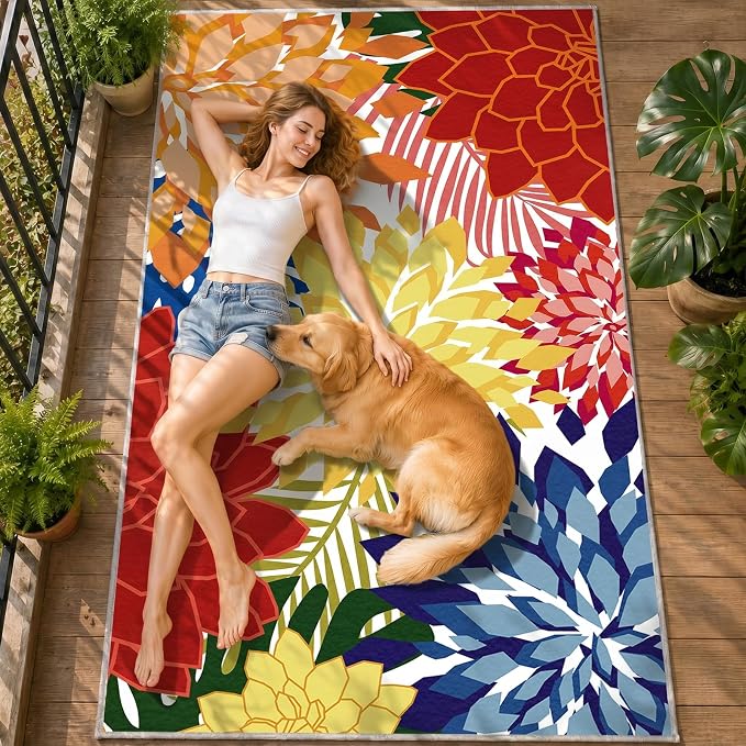 ZonLi Colorful Outdoor Rug 5x8Ft Waterproof Multicolored Indoor Area Rug Washable Outdoor Patio Rugs Tropical Floral Non Slip Outdoor Carpet for Living Room, Pool,Backyard,Deck,Camping