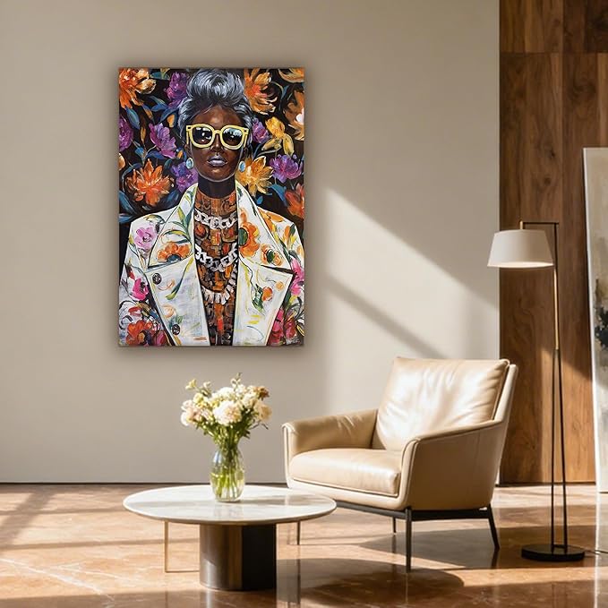 YETHEN WAL Afrocentric Canvas Wall Art – Black Woman Portrait Floral Wall Decor, Chic Modern Art Prints for Living Room, Bedroom, Office Decor, 32×48 Inch