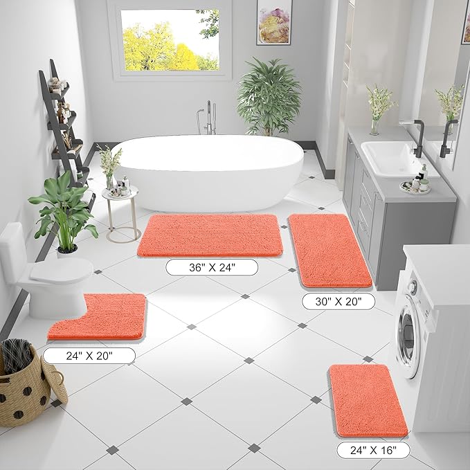 OLANLY Bathroom Rugs 47x20, Extra Soft Absorbent Chenille Bath Rugs, Rubber Backing Quick Dry, Machine Washable Bath Mats for Bathroom Floor, Tub and Shower, Home Decor Accessories, Coral